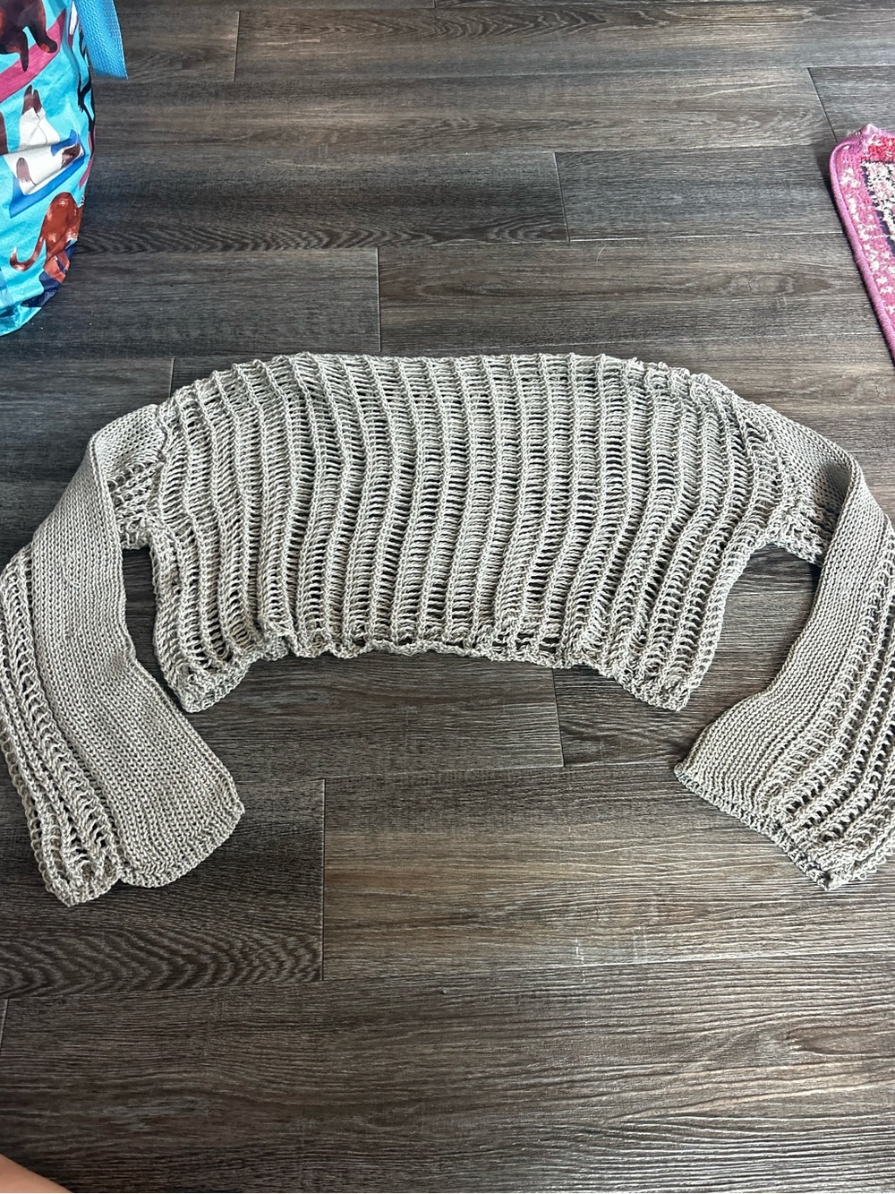 Taupe Open-Knit Cropped Shrug with Bell Sleeves - Women's